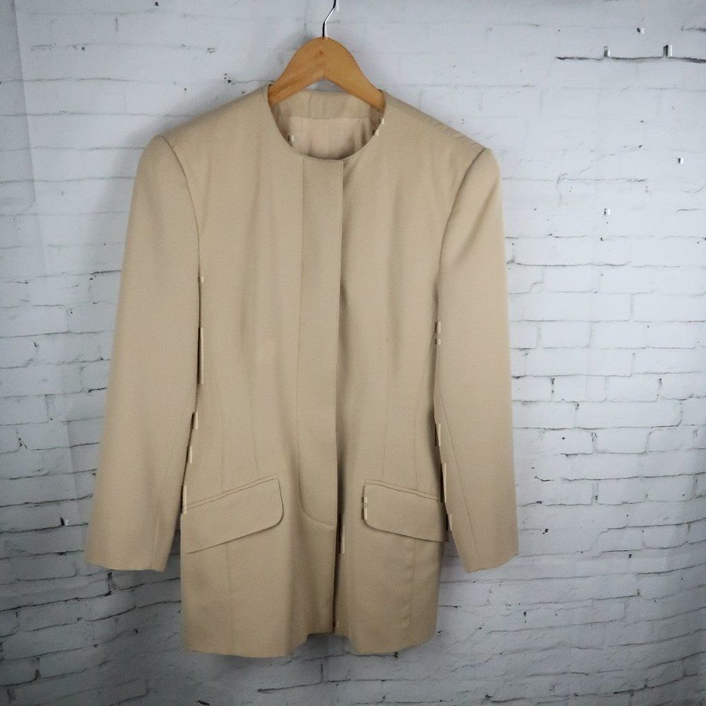 MONDI TAN KHAKI HIDDEN BUTTON DOWN SUIT JACKET BLAZER WOMENS EU SIZE 34 VINTAGE